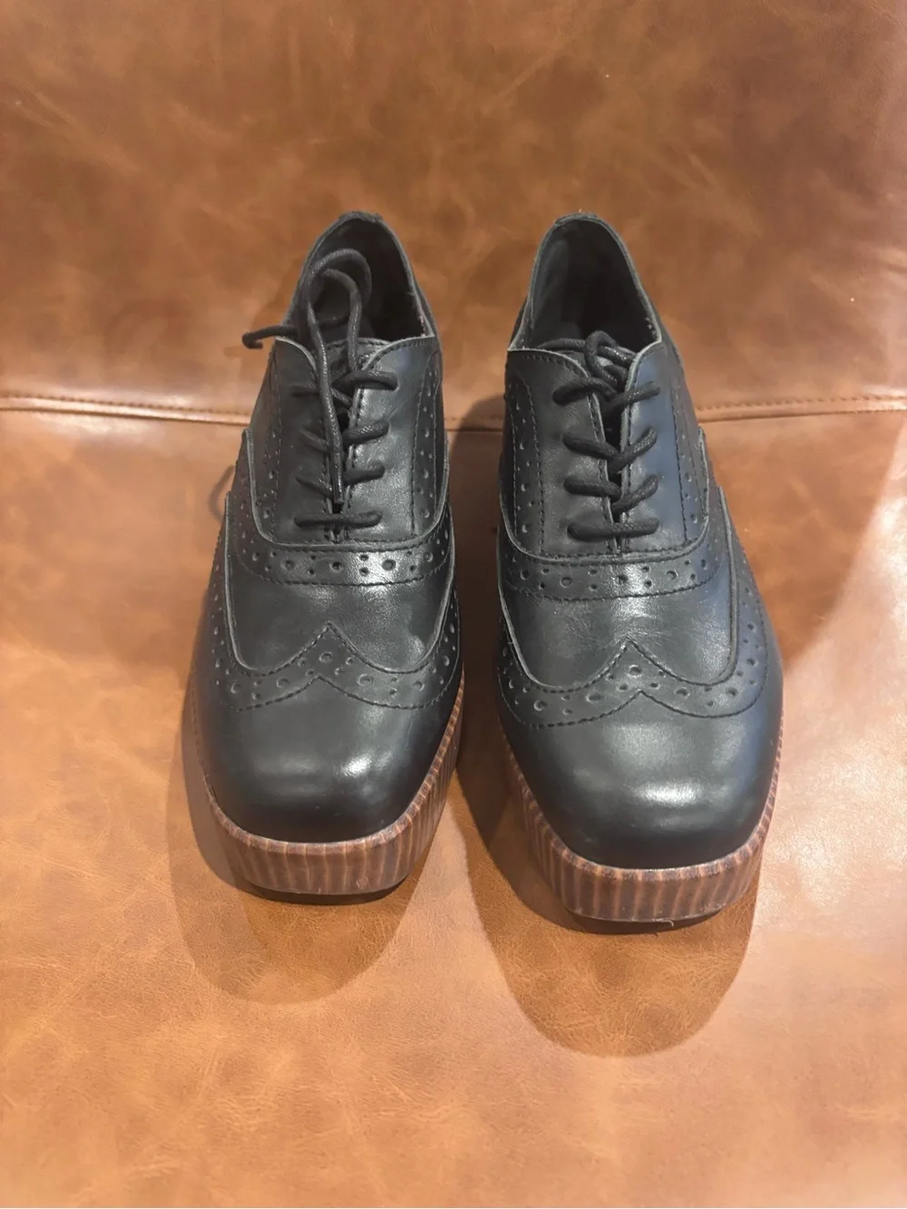 Kelsi Dagger Black Leather Brogue Platform Oxfords with Wood-Effect Sole